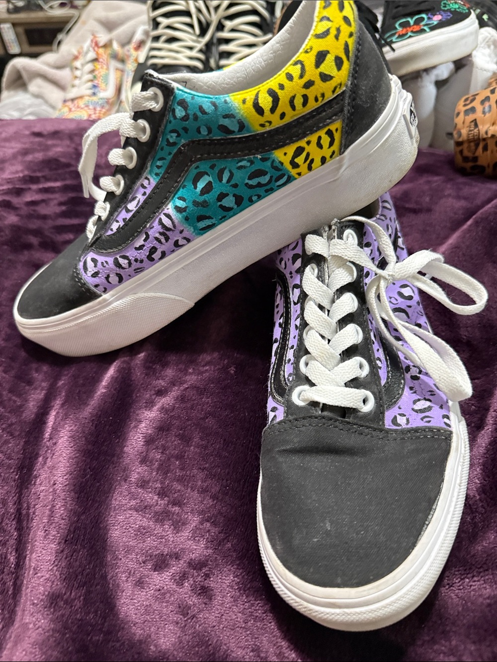 Vans Women’s Colorblock Leopard Print Low-Top Sneakers - Purple, Teal & Yellow